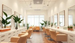 Modern interior of the best hair salon in San Diego, showcasing elegant design and Aveda products.