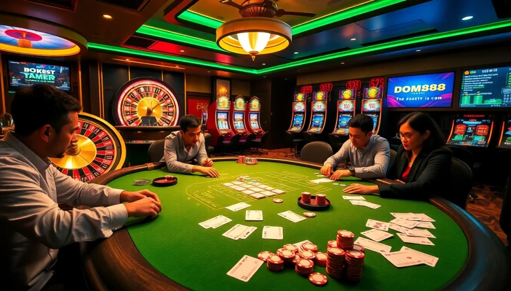 Exciting gaming action at dom88.us.com featuring poker chips and a roulette wheel in a luxurious casino setting.
