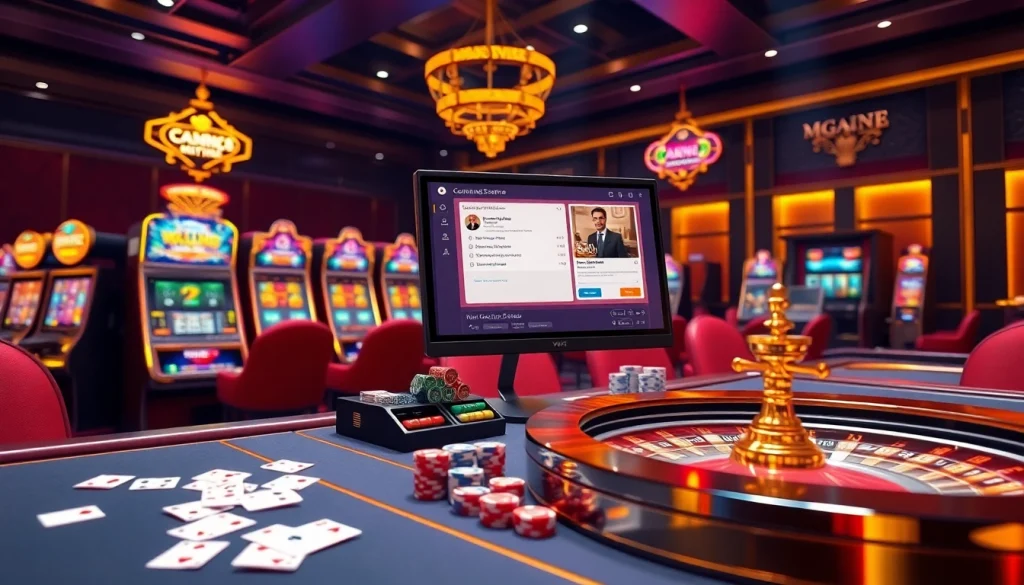 Dynamic gambling scene with Nhà cái MV88 showcasing slot machines and poker tables for online players.