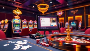 Dynamic gambling scene with Nhà cái MV88 showcasing slot machines and poker tables for online players.