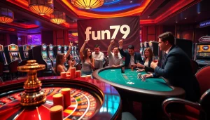 Exciting casino scene featuring gambling activities at fun79 with roulette, poker, and slot machines.
