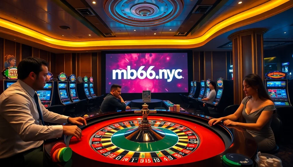 Experience the thrill of betting at mb66.nyc with roulette amid a vibrant casino setting.