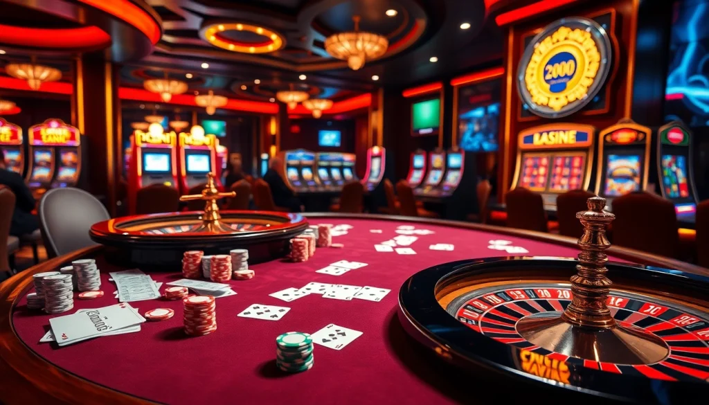 Tỷ lệ bóng đá kèo nhà cái showcased in a vibrant casino with poker tables, chips, and roulette.