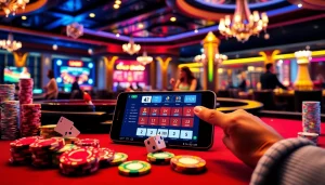 Experience high-stakes excitement with the lc88 apk featured in a luxurious casino scene.