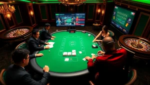 Intense poker game at kp88.bio's luxurious casino with engaging players and vibrant atmosphere.