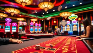 Players enjoying a thrilling game of Jun88 casino, with vibrant lights and exciting action.