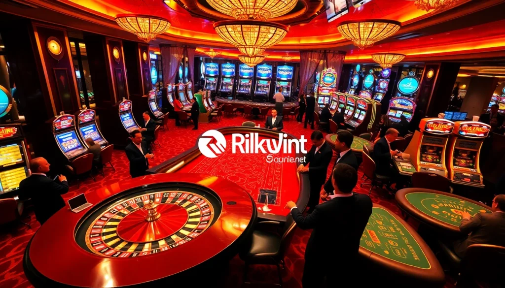 Engage in thrilling casino games at rikvip.gb.net with players at a vibrant roulette table.