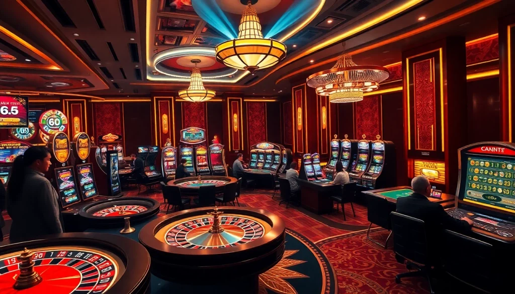 A thrilling scene of players enjoying 68 Game Bài in a luxurious casino setting with vibrant gambling elements.