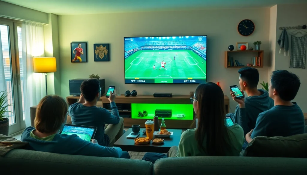 Fans engaging with joemadfan.com in a cozy living room while watching a live football match in high-definition.