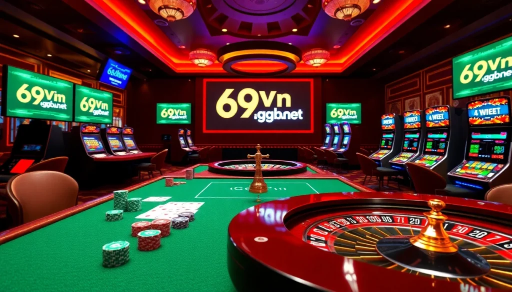 Engage in thrilling games at 69vn.gb.net, featuring vibrant casino tables and roulette wheels.