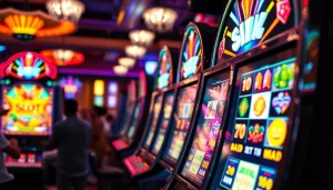 Exciting slot machine scene showcasing vibrant reels and cheering players in a lively casino atmosphere.