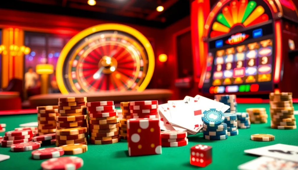 Experience the thrill of 68 Game Bài with vibrant casino visuals featuring poker chips and roulette.