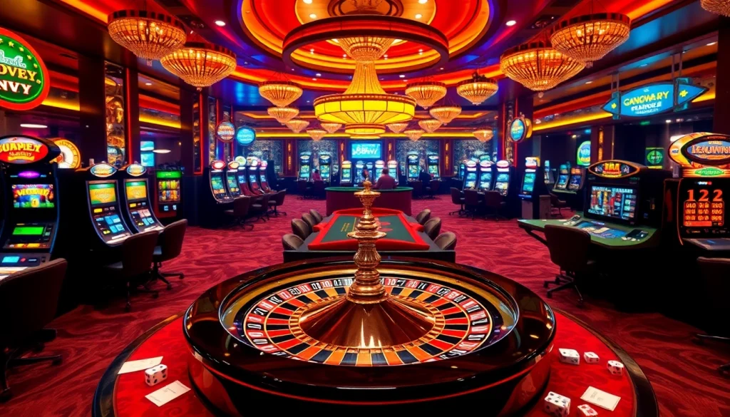 Experience the vibrant casino atmosphere at 88vv with roulette wheels and slot machines.