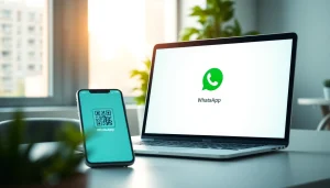 WhatsApp网页版 interface showcased on a laptop in a modern workspace, highlighting seamless device connectivity.