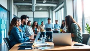 Inovator berkolaborasi di ruang kerja yang cerah, menampilkan teknologi surya88.