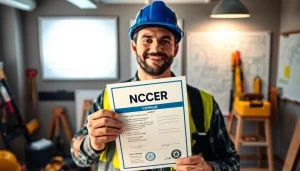 NCCER certification held by a professional construction worker in an inspiring office setting.