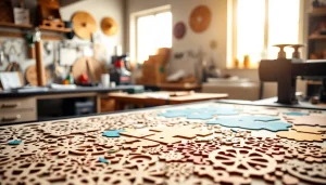 Creating custom laser design pieces at a vibrant workstation with intricate materials and tools.