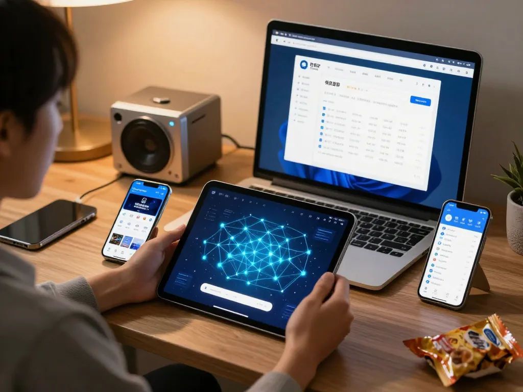 在现代工作空间中展示快连官网界面的笔记本，突显连接功能。