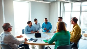 Engaged professionals of a construction network association discussing innovative strategies.