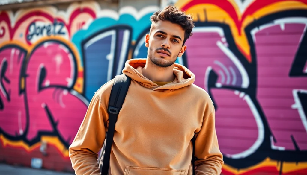 Showcasing high quality blank hoodies on a professional model in an urban backdrop.