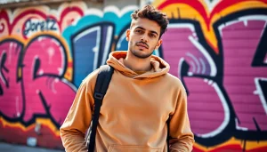 Showcasing high quality blank hoodies on a professional model in an urban backdrop.