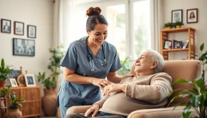 Engaging caregiving moment showcasing at home senior care with a warm atmosphere and smiling interactions.
